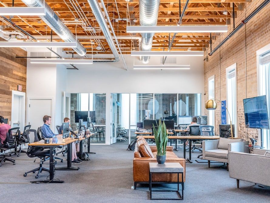 Studio environment with benches of desks